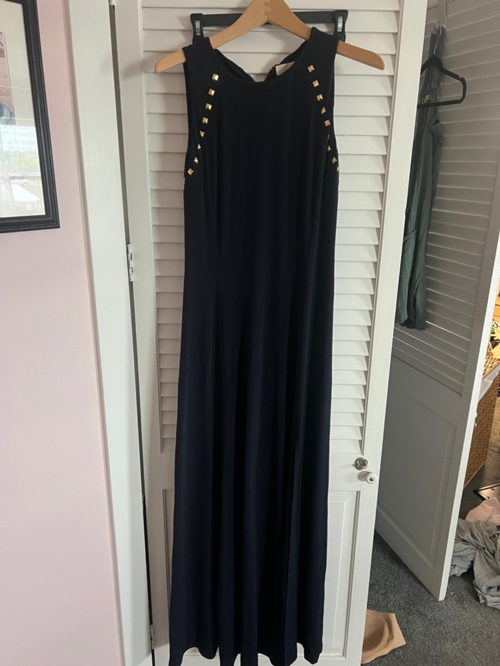 Navy Sleeveless Maxi Dress with Gold Stud Detail